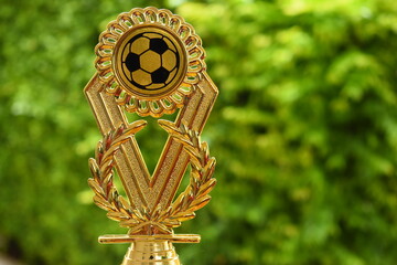 beautiful golden trophy of football contest on green tree background