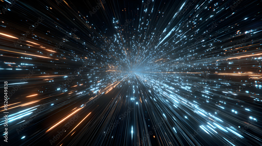Poster abstract depiction of speed and motion through space with luminous trails of light particles