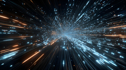 Fototapeta premium Abstract depiction of speed and motion through space with luminous trails of light particles