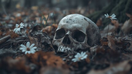 A skull lies among dry leaves with white flowers growing nearby, creating a haunting yet poetic contrast.