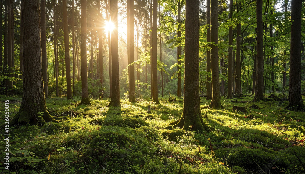Poster serene forest scene with sunlight filtering through tall trees, creating soft shadows on ground