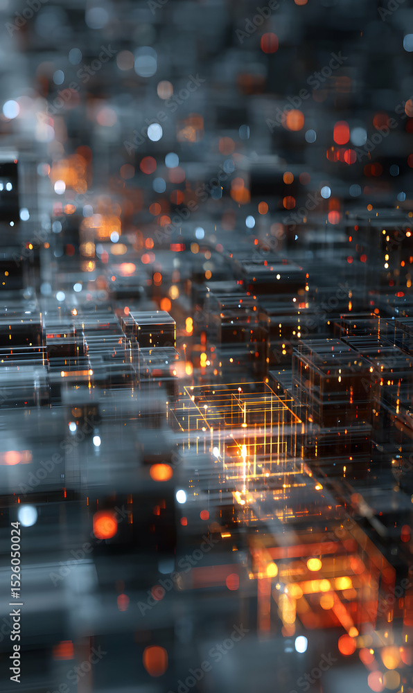 Poster abstract technological landscape of illuminated cubes and particles a futuristic digital metropolis 