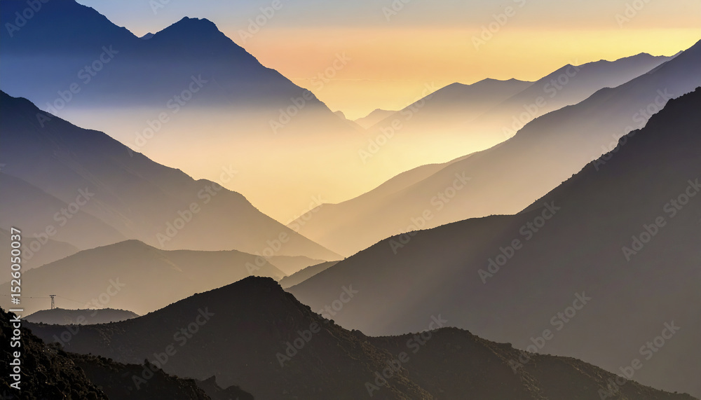 Poster hazy mountain silhouette with diffused morning light and soft color gradient sky