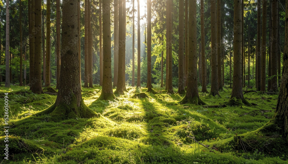 Poster serene forest scene with tall trees and soft sunlight filtering through leaves, creating