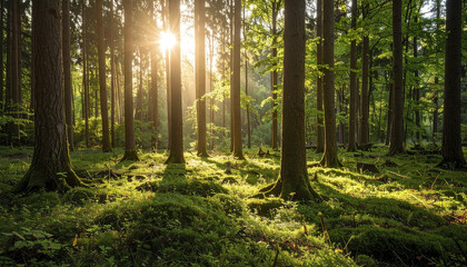 Obraz premium serene forest scene with sunlight filtering through tall trees, creating soft shadows on ground