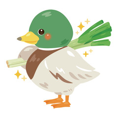 長ネギを片手に担いだ鴨のイラスト