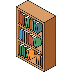 a brown isometric bookshelf filled with various colorful books, ideal for themes of library, education, knowledge, or storage