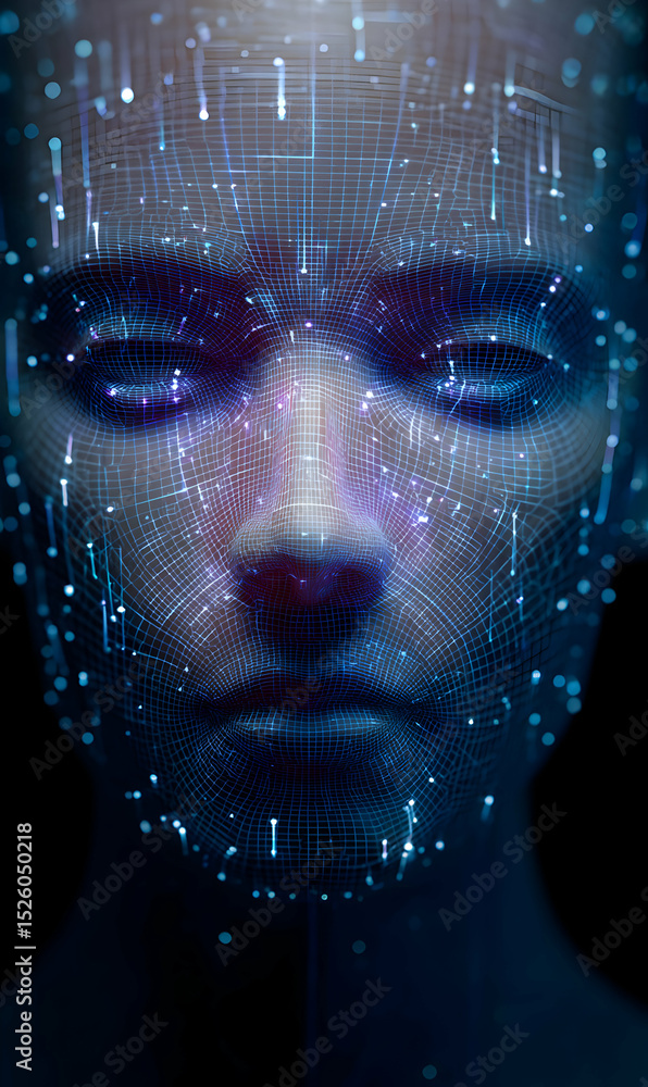Poster artificial intelligence rendering of a human face symbolizing innovation and technological advanceme
