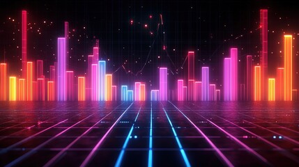 A neon grid with interconnected futuristic bar charts glowing against a black background 