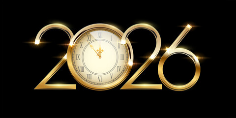 2026 Happy New Year greeting card vector illustration. Festive Christmas social media banner. 2026 clock countdown background with golden numbers and clock on black backdrop.