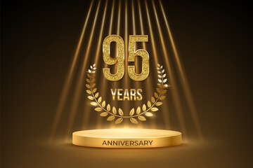 Anniversary gold award podium with glittering number 95. Ninety five years celebration birthday or jubilee golden vector background. Luxury stage with laurel wreath and glowing rays on black.