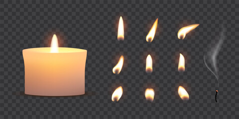 Candle flames. Candlelight fires vector illustration set. Realistic flame light on wick of candlestick, small romantic glow flare in night, collection isolated on transparent background.