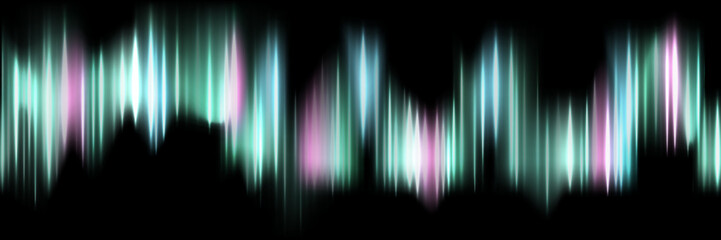 Seamless glowing aurora lights background. Vertical light streaks in blue, green, purple, and white on black. Futuristic backdrop with ethereal energy effect. Abstract vector illustration.