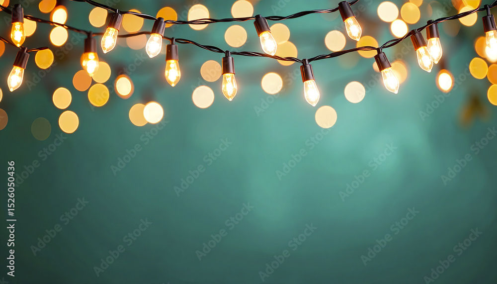 Poster glowing string lights in warm tones create cozy atmosphere against teal backdrop