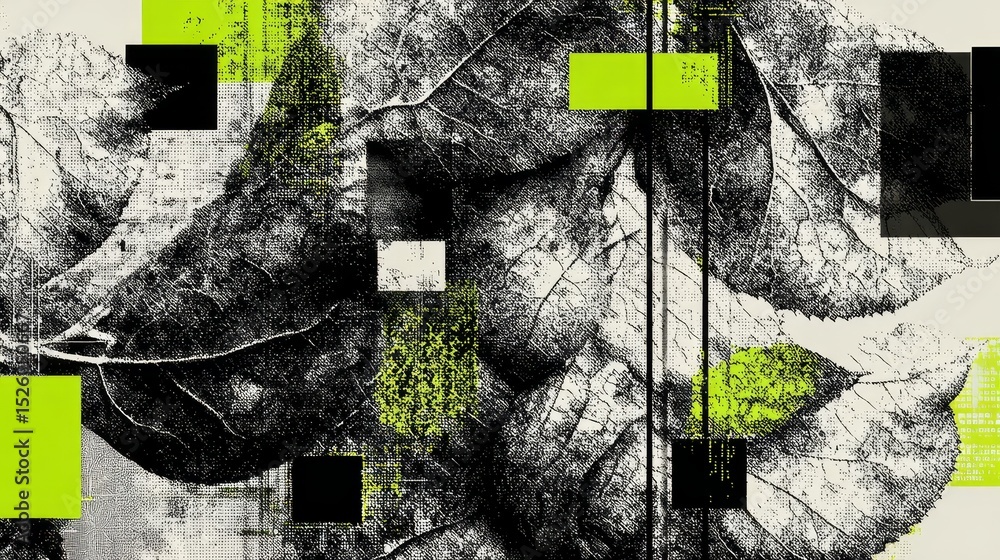 Poster abstract melancholic fallen leaves made of digital particle clouds suspended in fragmented network s