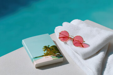 Pink sunglasses and book resting on white towels by the pool