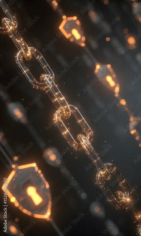 Poster abstract glowing chain with lock designs symbolizing blockchain technology protection and encryption
