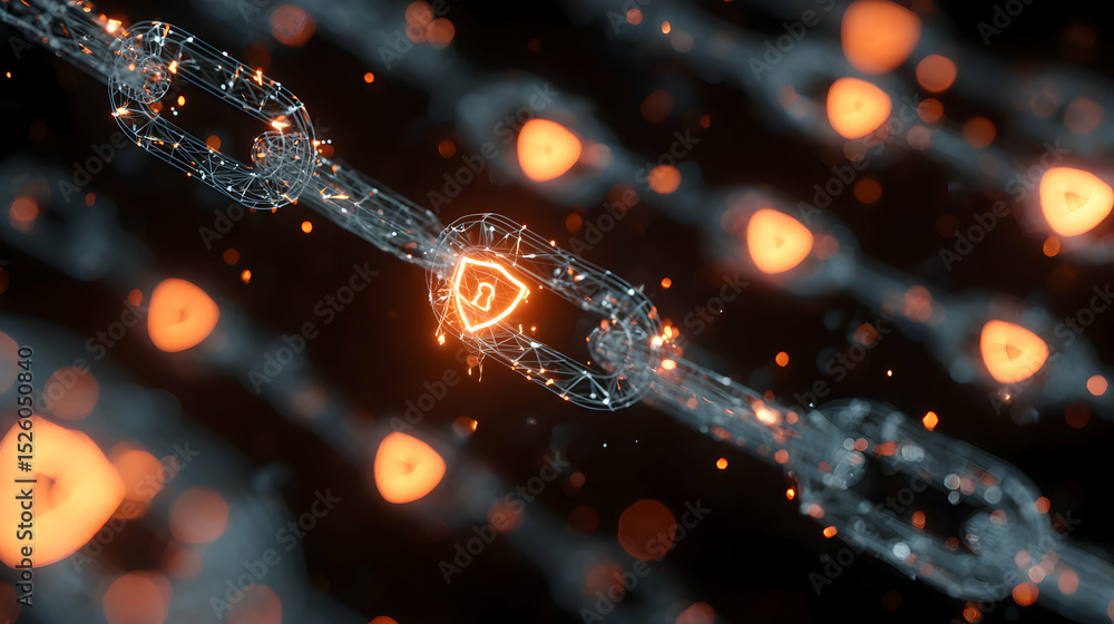 Poster abstract blockchain representation showcasing secure connection with integrated shield and padlock s