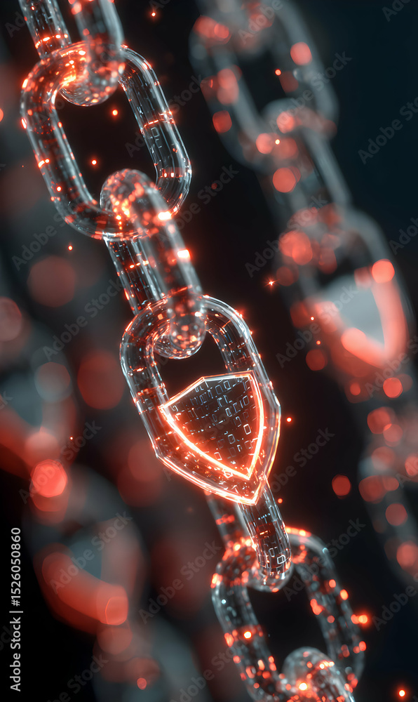 Poster blockchain security concept showcasing transparent glowing chain links with a central shield represe