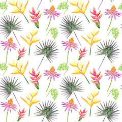 Tropical flowers seamless pattern on white background