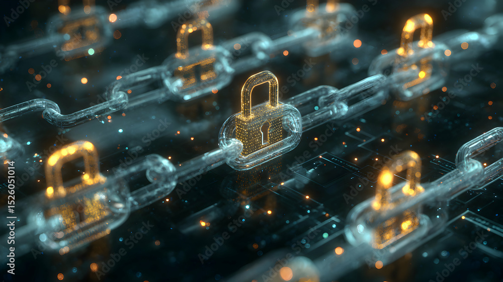 Poster secured digital chain with locks symbolizing blockchain technology and data protection network integ