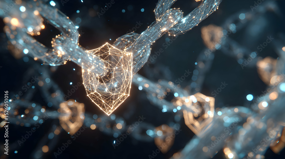 Poster abstract representation of blockchain technology with interconnected chains and digital security shi