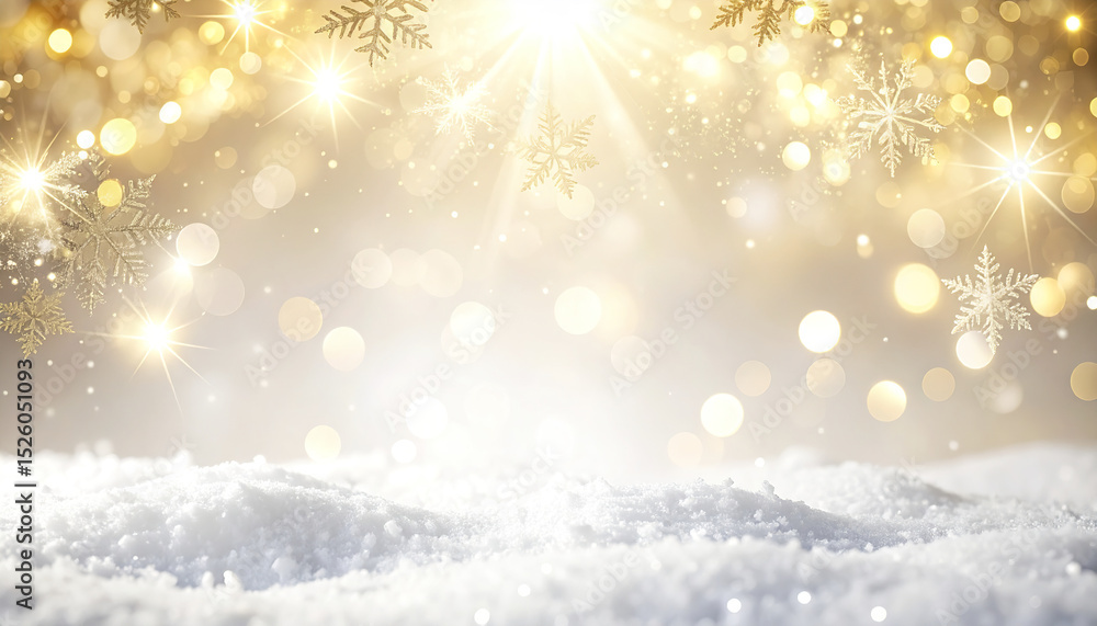 Poster soft winter bokeh background with snowflakes and golden light sparkles creating magical