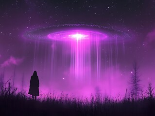 Mystical encounter: hooded figure observes otherworldly light display under starry sky