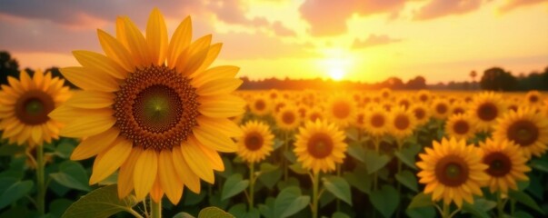 Obraz premium Golden hour sun dips behind vibrant sunflowers , vibrant, field