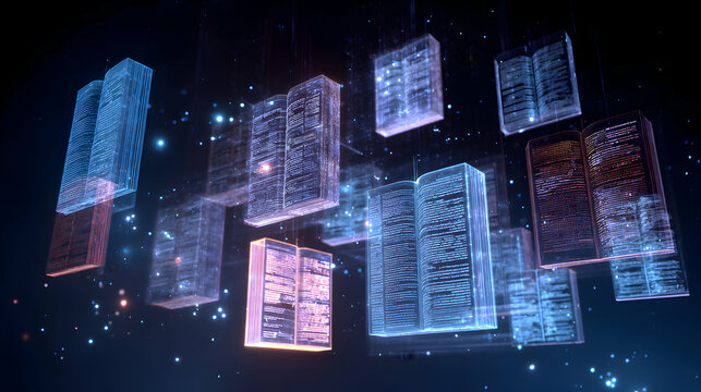 Digital knowledge futuristic concept virtual books floating in space for education technology