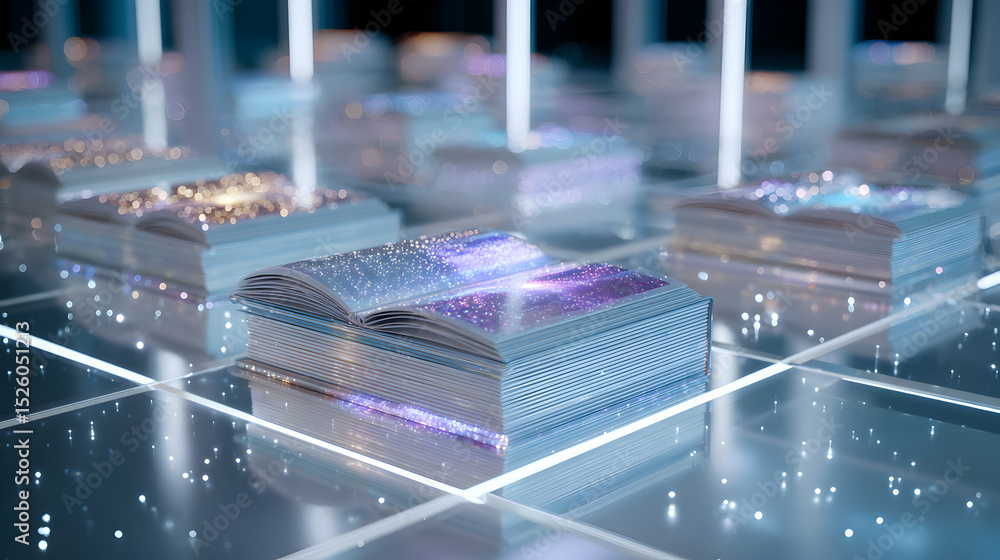Poster conceptual stack of books reflecting a galaxy, symbolizing knowledge and infinite possibilities disp