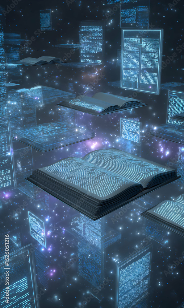 Poster infinite knowledge stream digital books and documents floating ethereal space futuristic digital lib