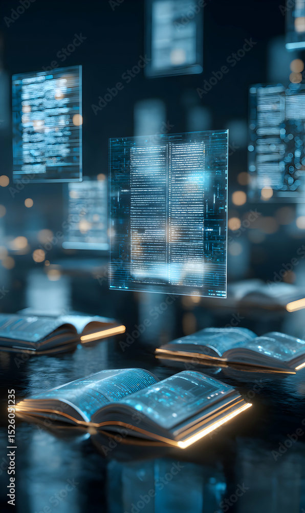 Poster books floating in a digital landscape symbolizing future learning with a fusion of knowledge and tec