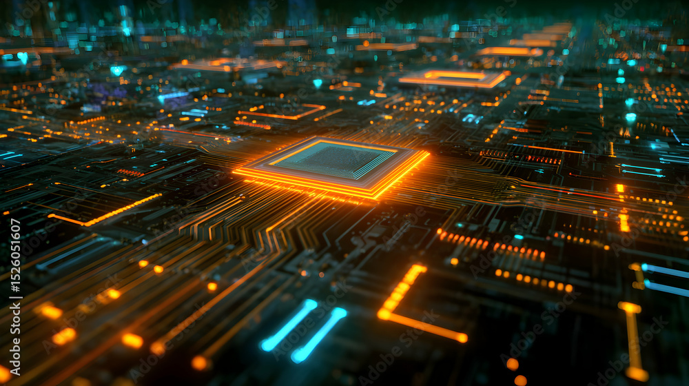 Poster intricate interconnected network with vibrant light paths for futuristic high technology concept art