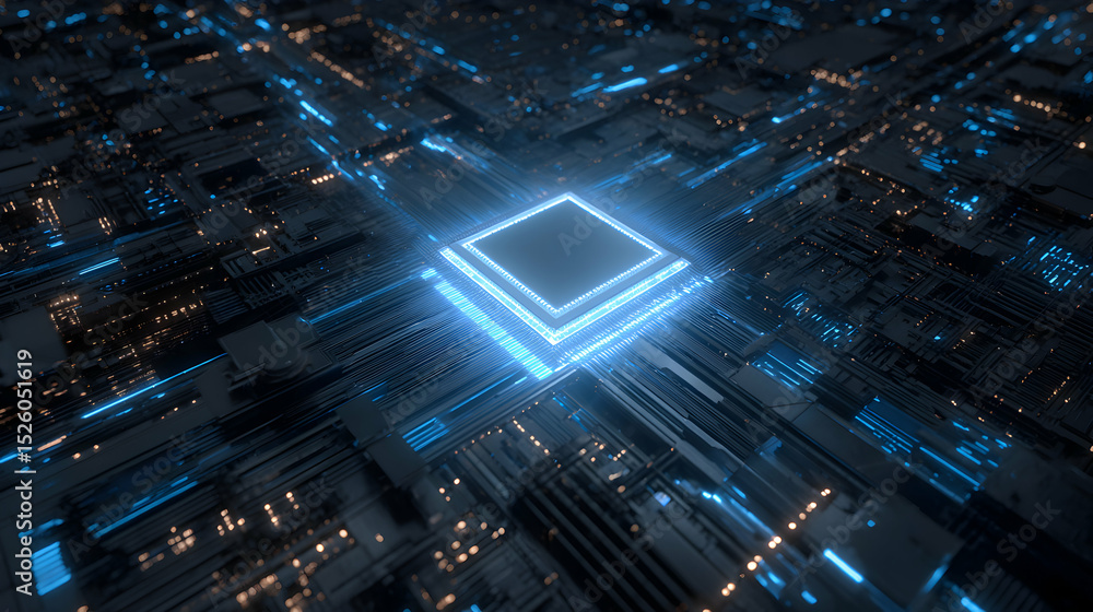 Poster electronic circuit board with glowing square representing modern technology and connectivity concept