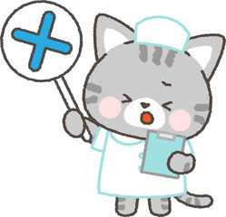バツ印の札を持ったサバトラネコの看護師