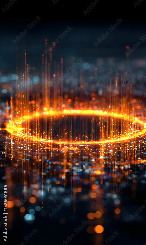 Poster illuminated futuristic cityscape featuring a glowing portal and digital streams conveying innovation