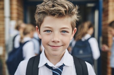 Schoolboy in uniform smiling outdoors