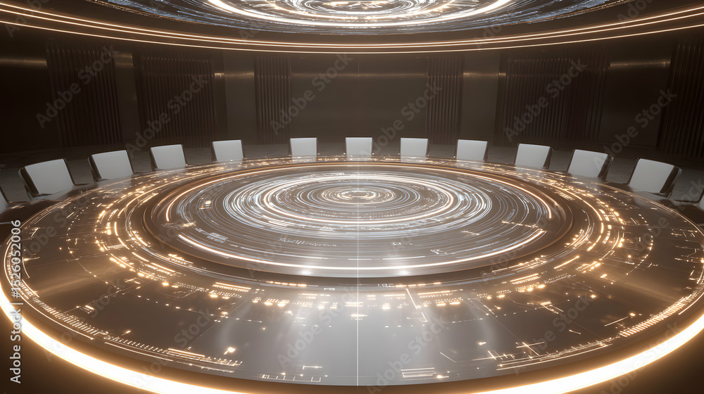 Poster futuristic conference room with a circular table displaying holographic technology and illuminated e