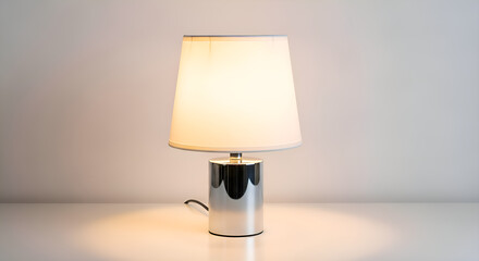 A modern small LED table lamp with soft fabric shade on white