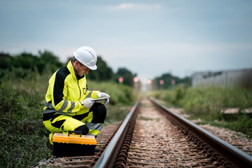 Construction Worker Technician Man Performing Rail Maintenance and Inspection at Industrial Refinery Site with Transportation Background