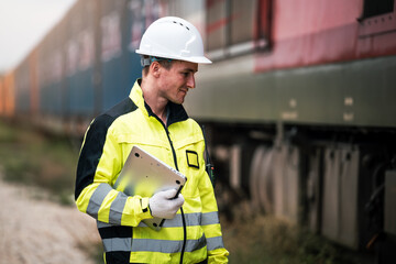 Construction Worker Technician Man Performing Rail Maintenance and Inspection at Industrial Refinery Site with Transportation Background