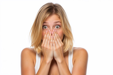 Blonde woman with wide eyes and hands covering her mouth, looking shocked or surprised, wearing white top.