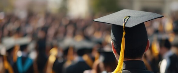 The graduation ceremony showcasing a proud student amidst a sea of graduates.