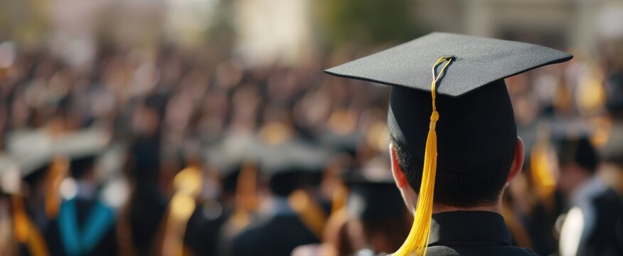 The graduation ceremony showcasing a proud student amidst a sea of graduates.