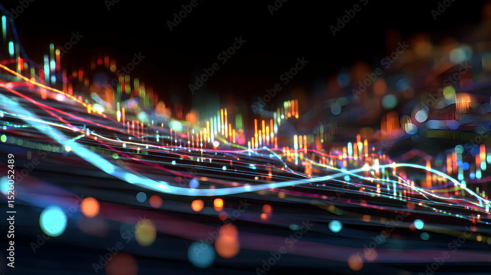 Poster abstract representation of financial data visualized with colorful lines and bokeh effects illustrat