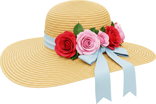 Beach hat with roses flower and ribbon