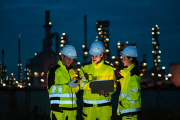 Factory worker engineer man and woman using laptop at night, working together on refinery site with...