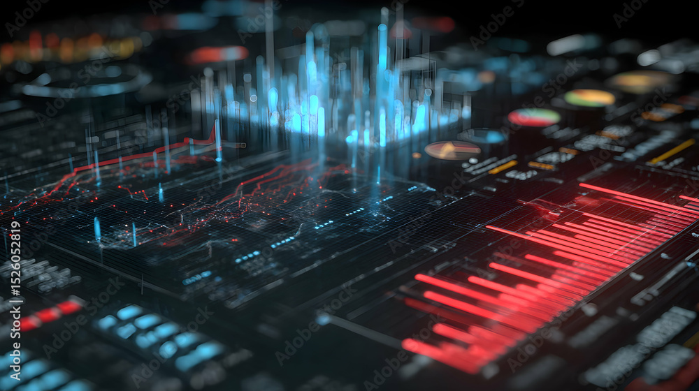 Poster data visualization futuristic interface shows complex digital information with glowing elements on d
