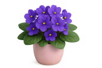 Vibrant purple african violet blooming in a pink pot, showcasing delicate petals and lush green leaves against a transparent background